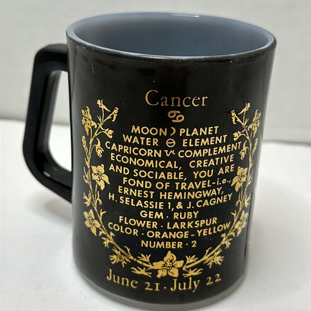 VTG Federal Milk Glass Cancer Zodiac Coffee Mug Horoscope Black and Gold - Picture 3 of 6